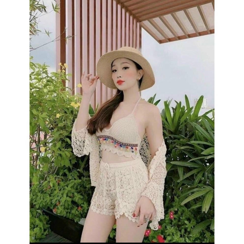 Set Đồ Nữ Set Bikini 3 Món Đi Biển Chất Ren Tông Nhẹ Trẻ Trung Kiểu Dáng Năng Động