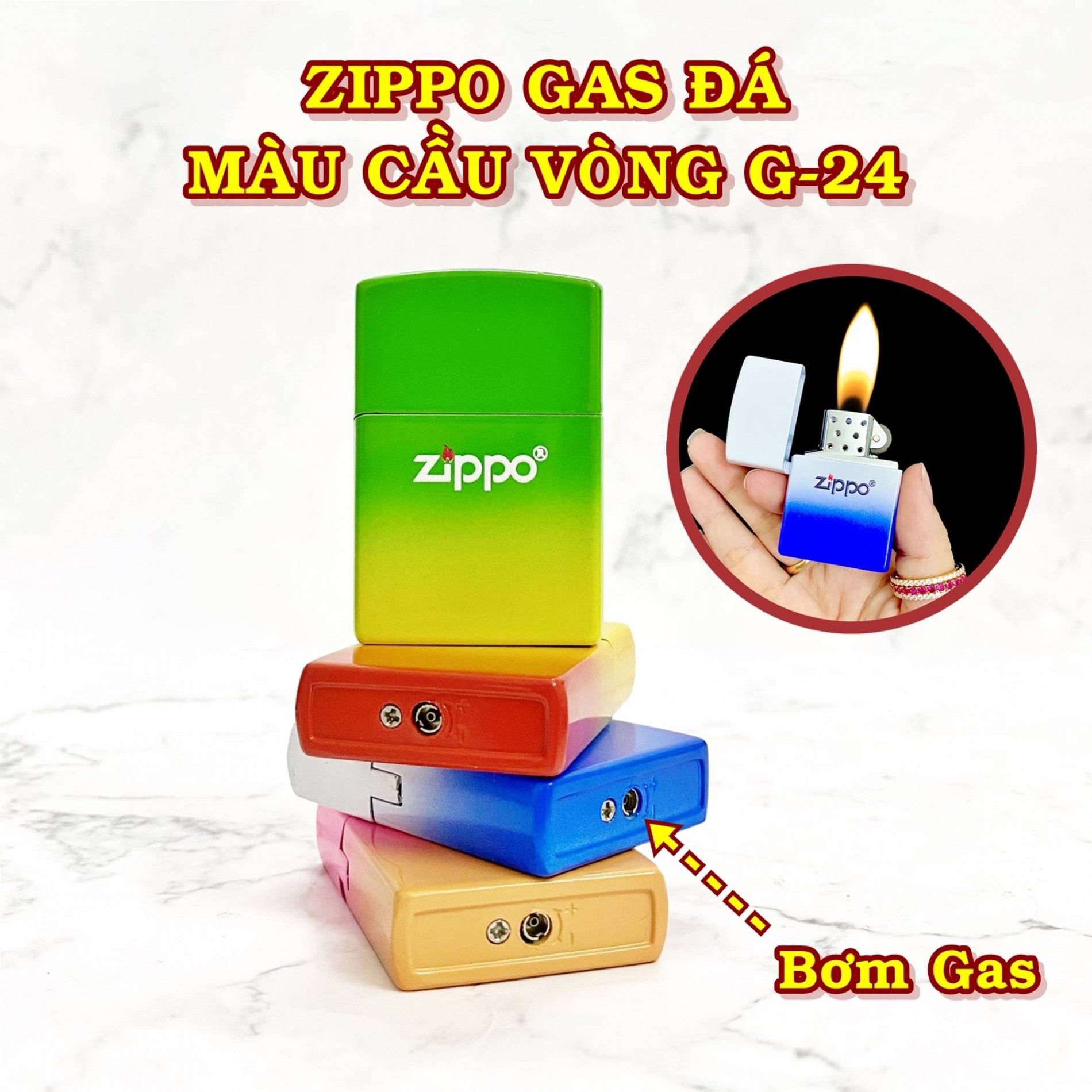 Hột quẹt bật lửa Vzipo gas đá màu cầu vòng siêu đẹp G24 - xài gas