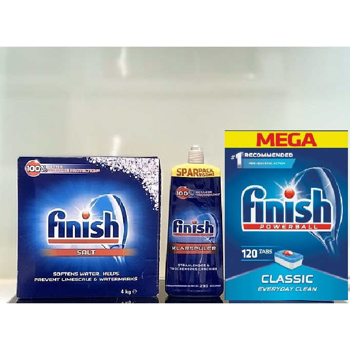 combo muối rửa bát finish 4kg+nước làm bóng finish 1150ml+viên rửa bát finish 120 viên dùng cho Máy rửa bát