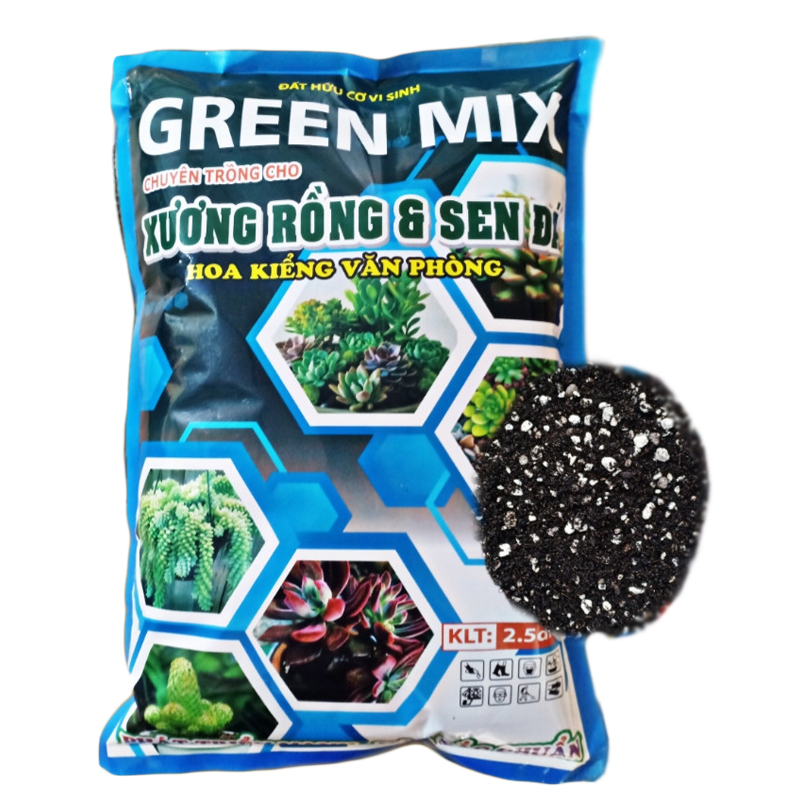Đất hữu cơ vi sinh trồng xương rồng, sen đá, hoa kiểng trộn sẵn Green Mix - Gói 2dm3 ~ 800gr