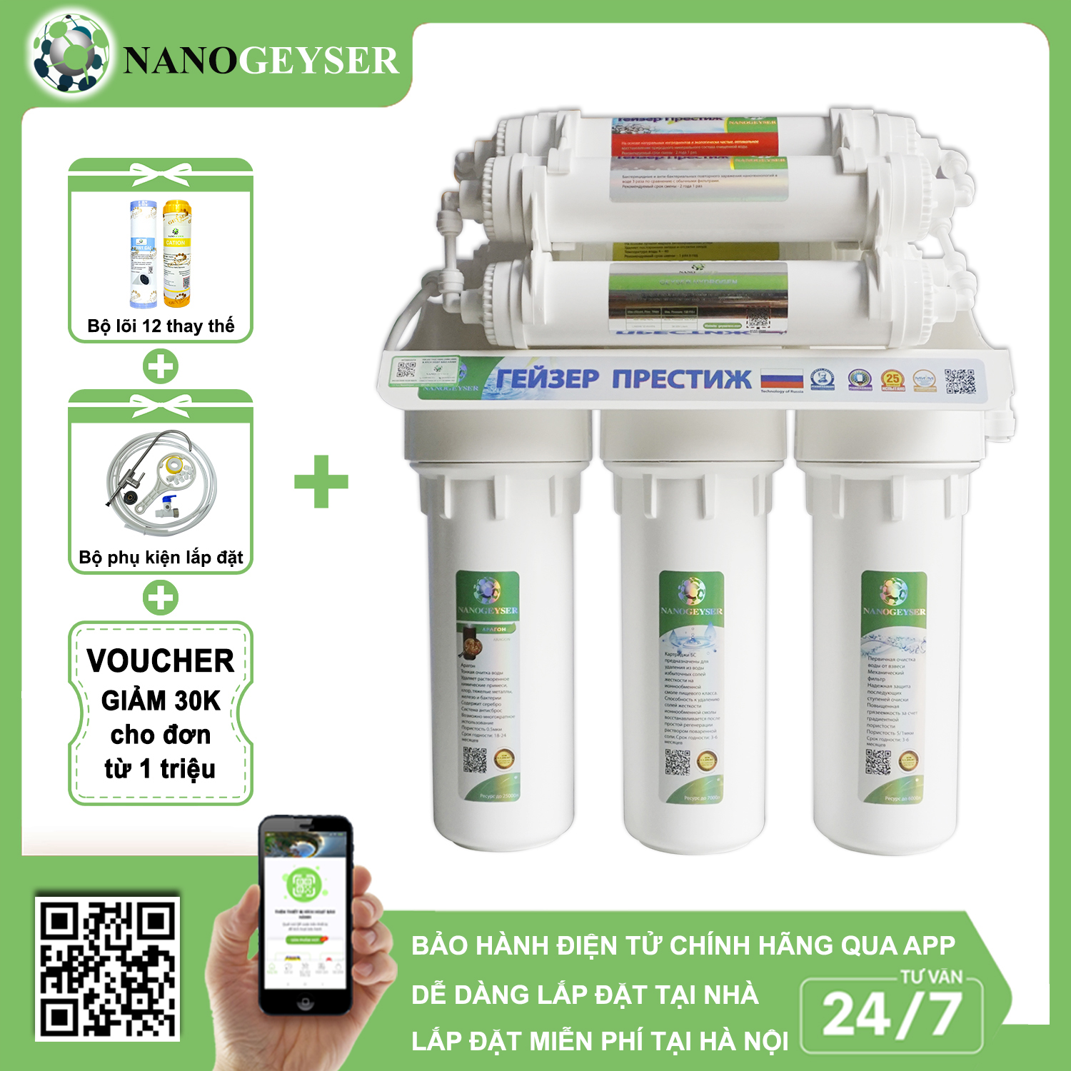 Máy lọc nước Nano Geyser ECO 8 không dùng điện - Hàng Chính Hãng