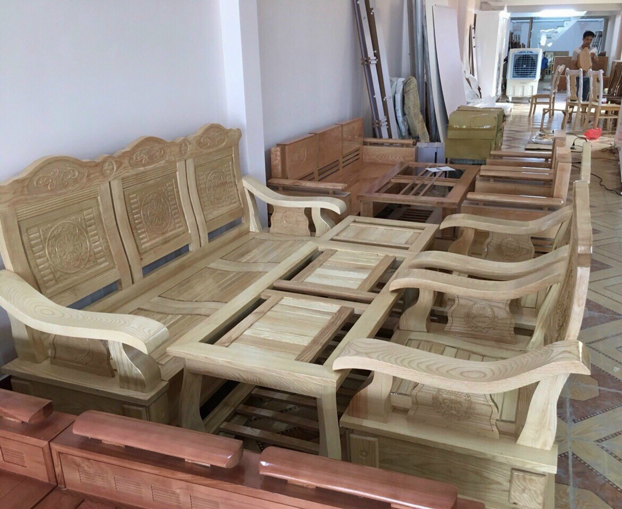 Bộ bàn ghế phòng khách 5 món gỗ sồi,bộ bàn đối gỗ sồi ( FREESHIP 60 KM )