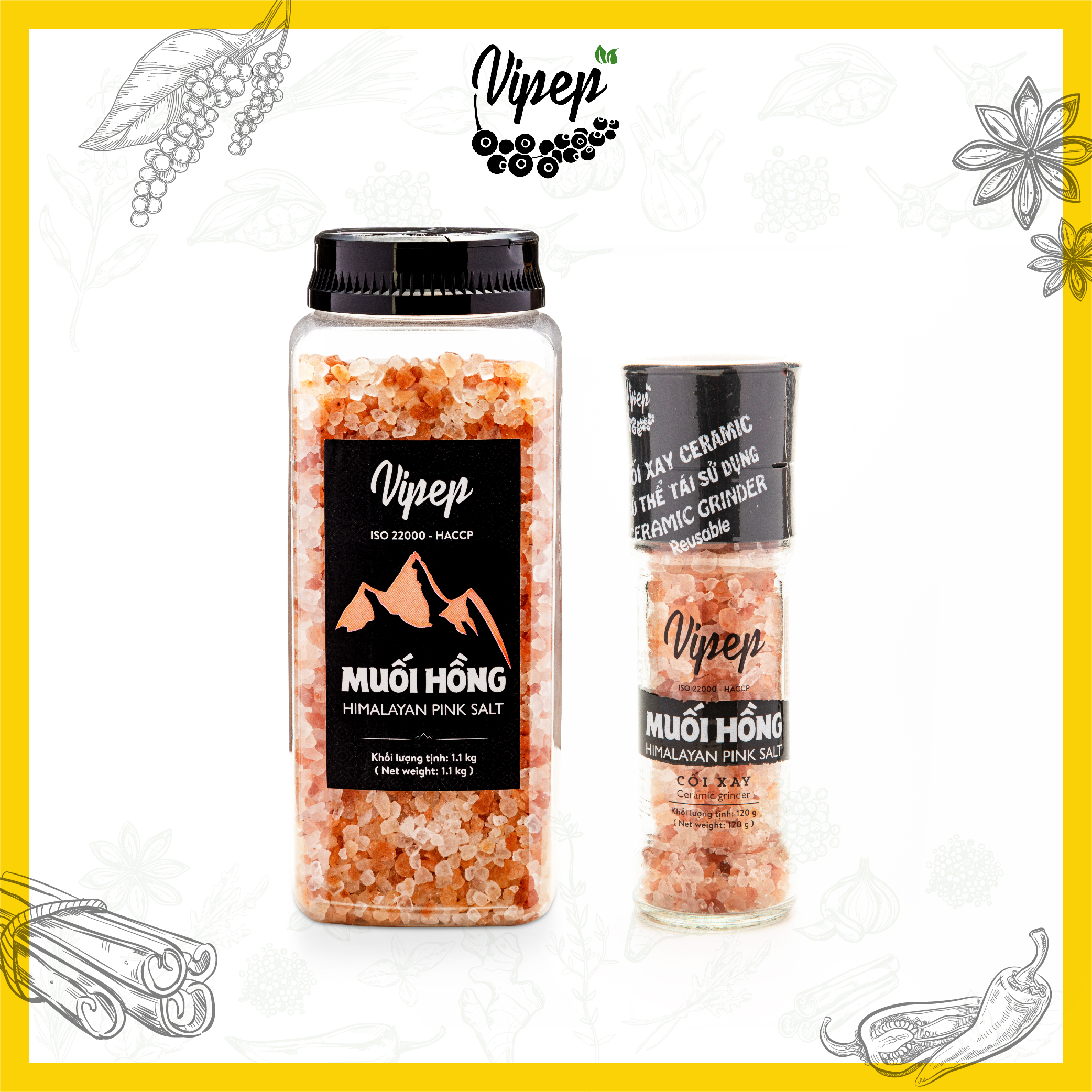 Muối Hồng Himalaya Vipep Hạt 1.1kg Tặng Cối Xay Ceramic