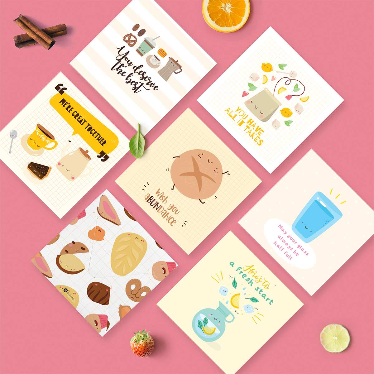 Set 6 thiệp tặng bạn bè, chúc mừng, chúc may mắn, động viên SDstationery TASTY TREAT 12x12 minh họa dễ thương cute cho tâm hồn ăn uống