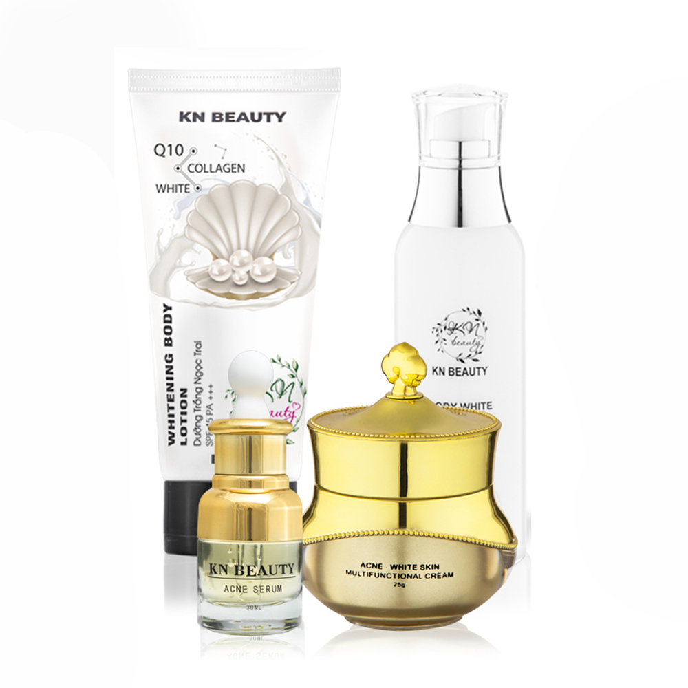 Trọn bộ dưỡng da 4 sản phẩm ngừa mụn, Dưỡng body trắng: Kem dưỡng 25g + Serum 30ml+ Body 200ml+ Ủ trắng 150ml