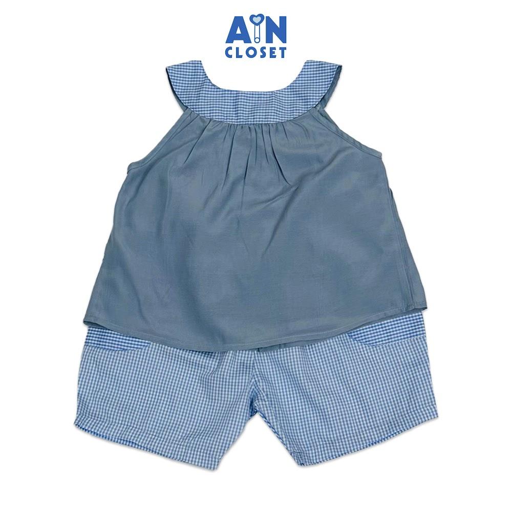 Bộ quần áo Ngắn bé gái họa tiết Caro Nhí Xanh Xám cổ yếm cotton. - AICDBTWQMCKG - AIN Closet