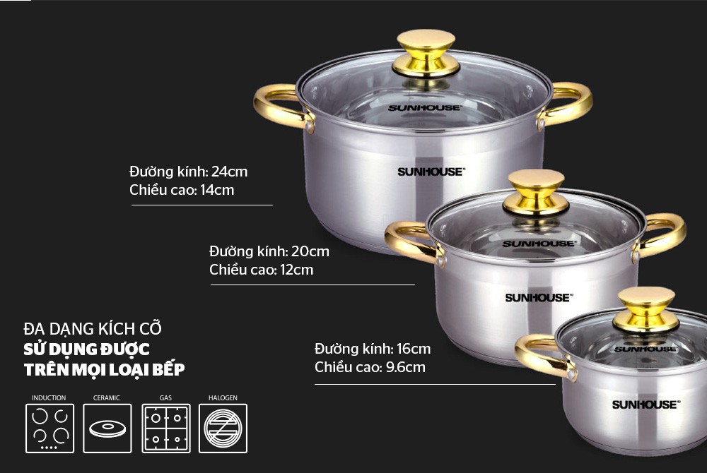 Bộ 3 nồi inox bếp từ 5 đáy SUNHOUSE SH781-2022 16 20 24 CM Siêu Dày
