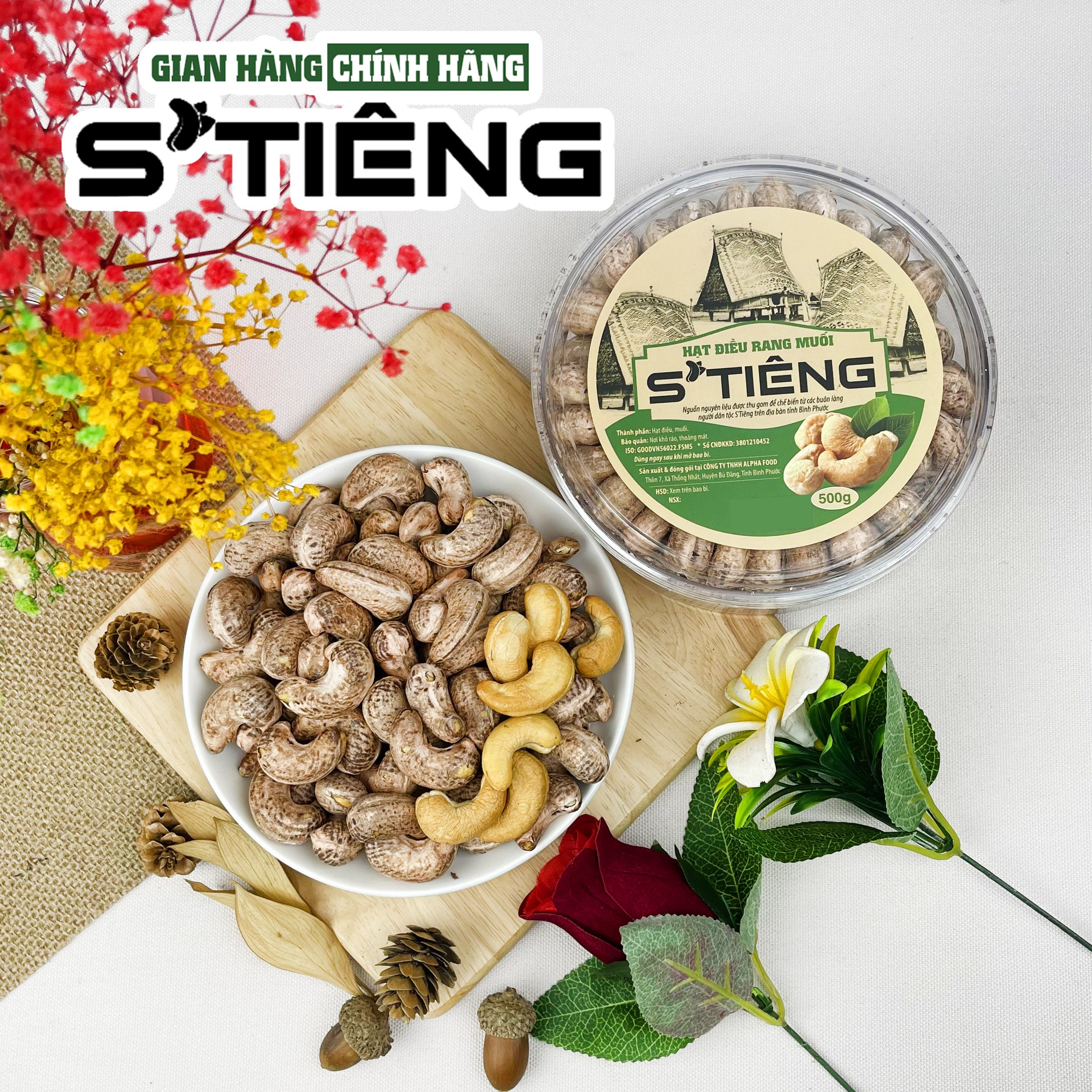 500Gr Hạt Điều Rang Muối Nguyên Hạt S'TIÊNG Hộp Xếp Hoa Đẹp Mắt