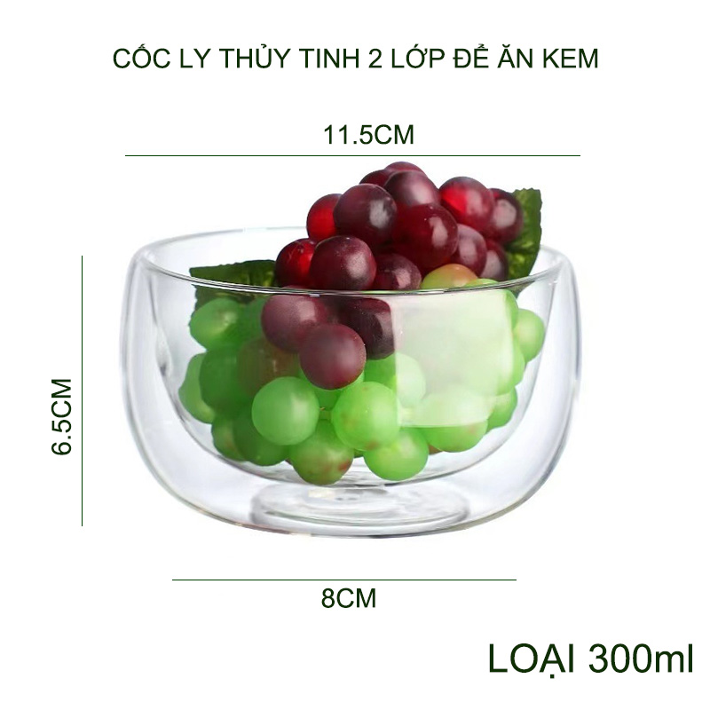 01 Cốc ly thủy tinh 2 lớp chuyên dùng ăn kem, hoa quả dầm đa năng tiện dụng (300-400ml tùy chọn)