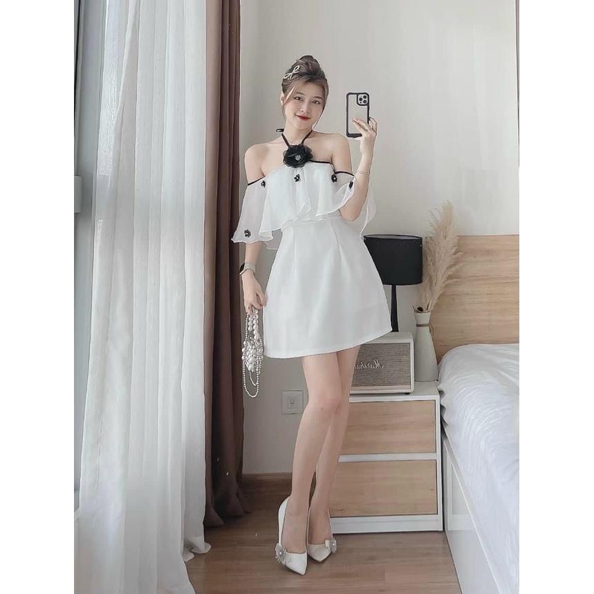 Đầm xoè viền phối bèo cổ cột nơ đính hoa