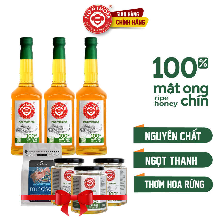 Combo 3 chai mật ong chín HONIMORE Hoa miền núi - TẶNG 3 hũ mật ong nguyên chất 360g