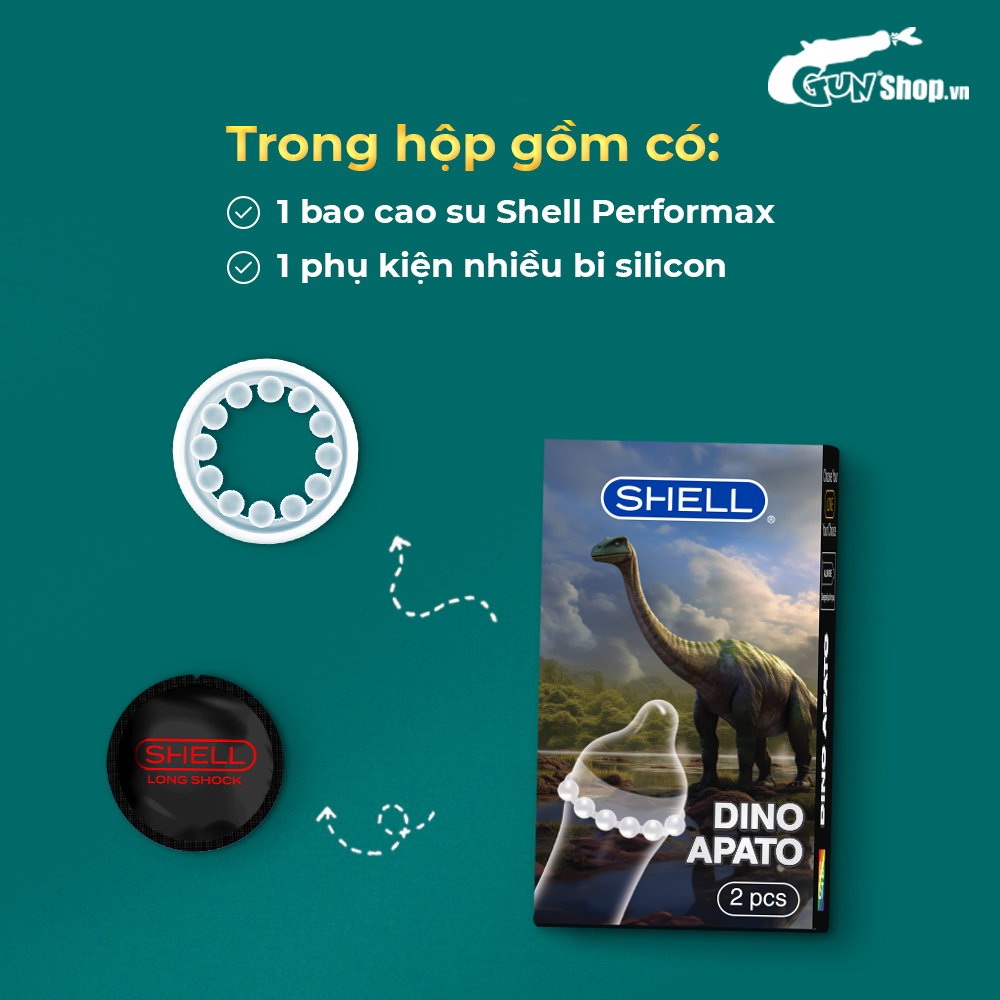Bao cao su Shell Dino Apato - Hộp 1 phụ kiện + 1 bao Shell Performax (Hộp 2 cái)