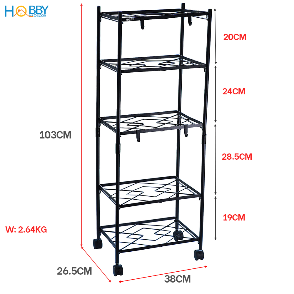 Kệ đựng xoang nồi nhà bếp 5 tầng lắp ráp tiện dụng Hobby Home Decor KB5T - sơn tĩnh điện và có bánh xe di chuyển