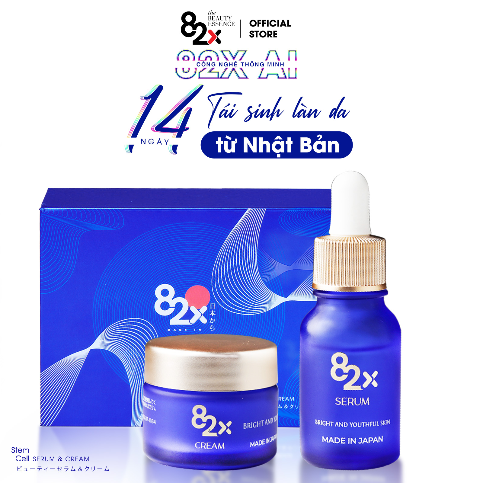 82X- Bộ đôi AI STEM CELL SERUM & CREAM dưỡng trắng , chống lão hóa hoàn hảo đến từ Nhật Bản với 10ml/chai và 10mg/hộp.