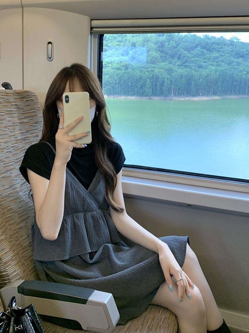CHENGRUI Một nửa chiều cao cổ áo mỏng phù hợp với phụ nữ mùa hè cao eo lá sen ren váy hai mảnh đặt váy