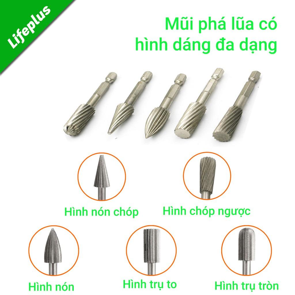 Bộ 5 mũi mài, khắc, mũi phá lũa gỗ chuôi lục cao cấp