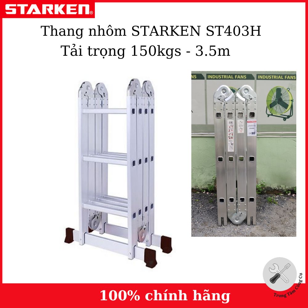 Thang chữ A Thang nhôm gấp 4 đoạn STARKEN ST403H (chữ A -1.8m, chữ I-3.5m) tải trọng 150kgs , màu xanh- Hàng chính hãng