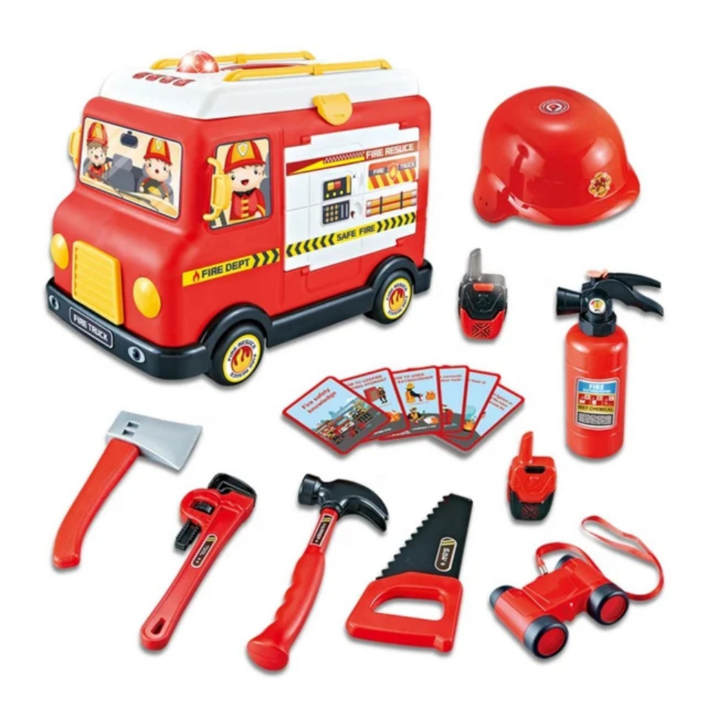 Xe cứu hỏa đồ chơi ô tô cho bé có nhạc đèn kèm dụng cụ 22 chi tiết có mũ, quà tặng sinh nhật cho bé