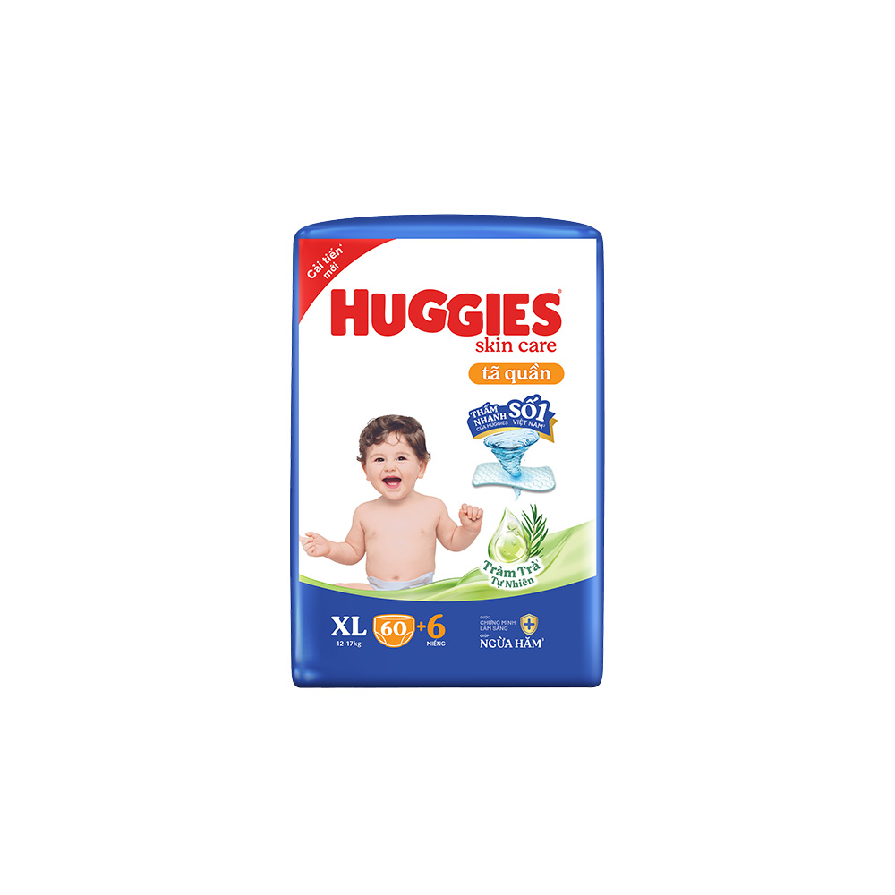 Tã quần Huggies Skin Care Super Jumbo XL60+6 miếng với tràm trà dịu da