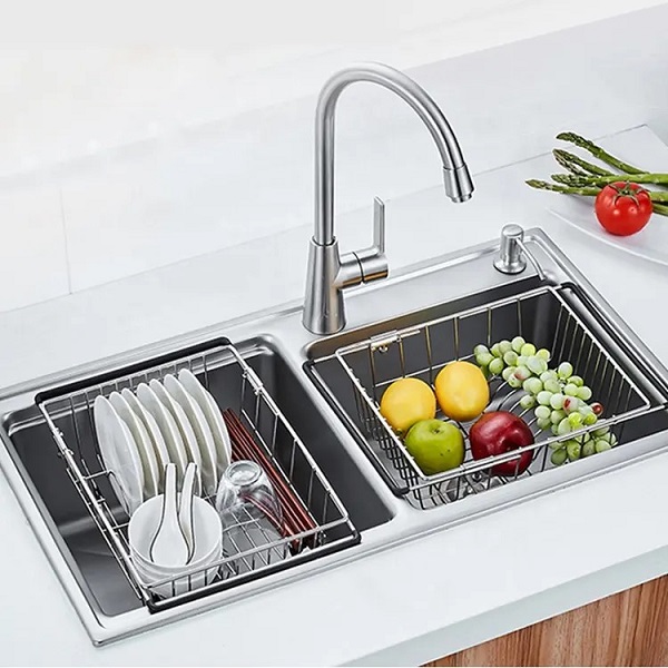 Chậu rửa bát 1 hố Valenza 6845 inox 304 nano xám dày 3li kèm khay inox, bộ xả to ngăn mùi, rổ inox lỗ-Hàng đẹp