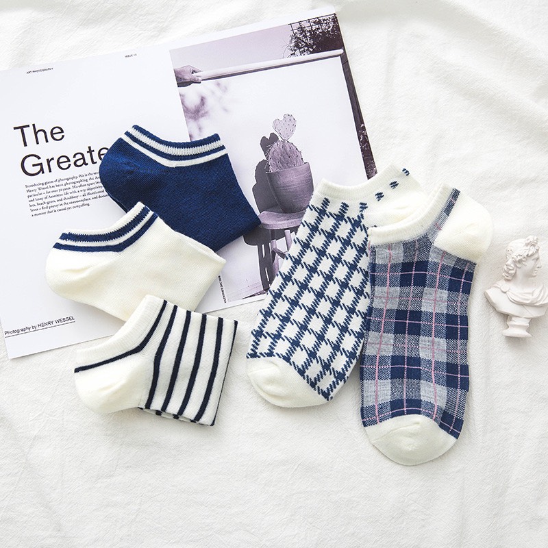Set 5 Đôi Tất Cổ Ngắn Họa Tiết Caro Màu Sắc Tươi Sáng Kiểu Dáng Trẻ Trung TN58
