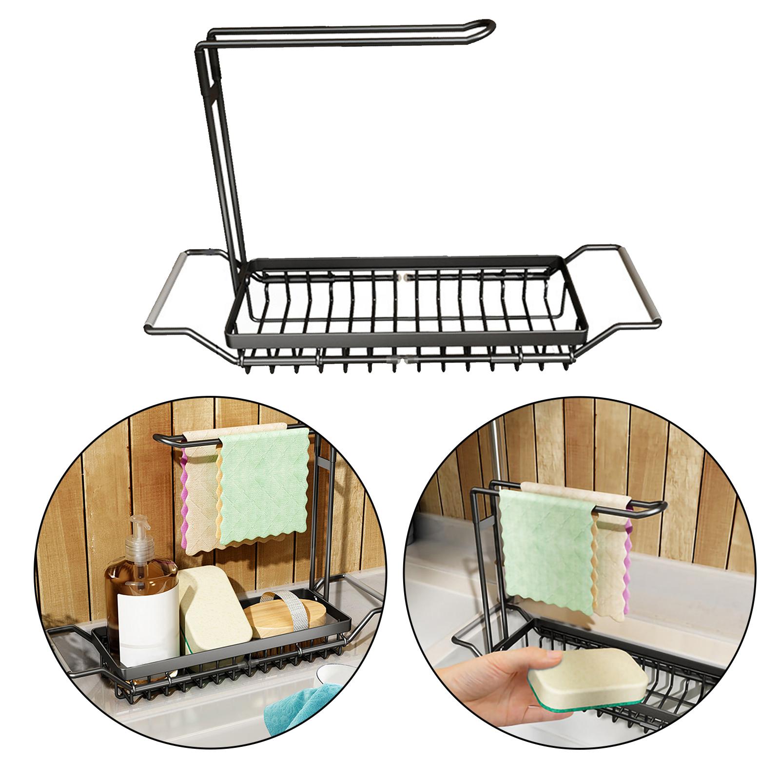 Over the Sink Storage Rack Organzier Adjustable Sponge Holder Drain Basket with Dish Towel Hanger
