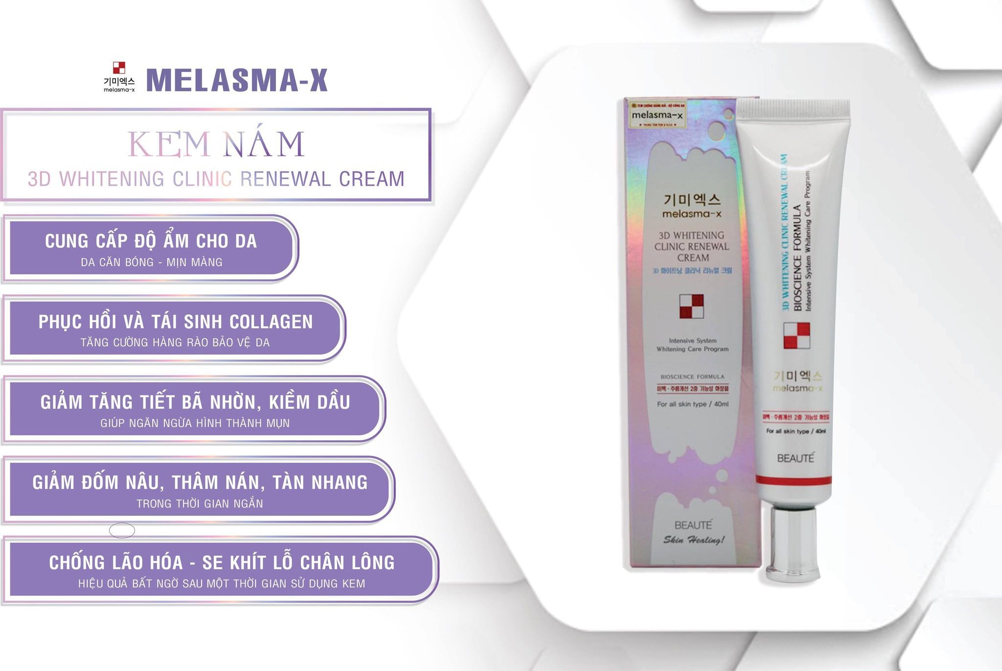 Kem Giảm Thâm Nám Và Tàn Nhang Melasma-X 3D Whitening Clinic Cream 40ml - Hàn Quốc Limited