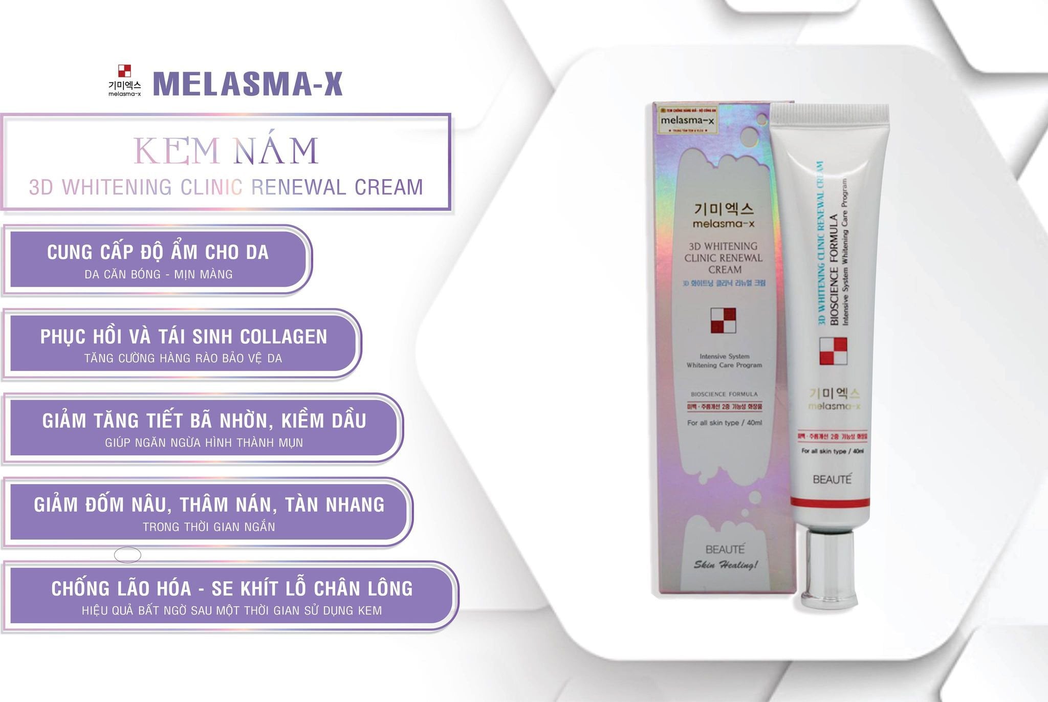 Kem Giảm Thâm Nám Và Tàn Nhang Melasma-X 3D Whitening Clinic Cream 40ml - Hàn Quốc ( Mẫu mới ) Limited