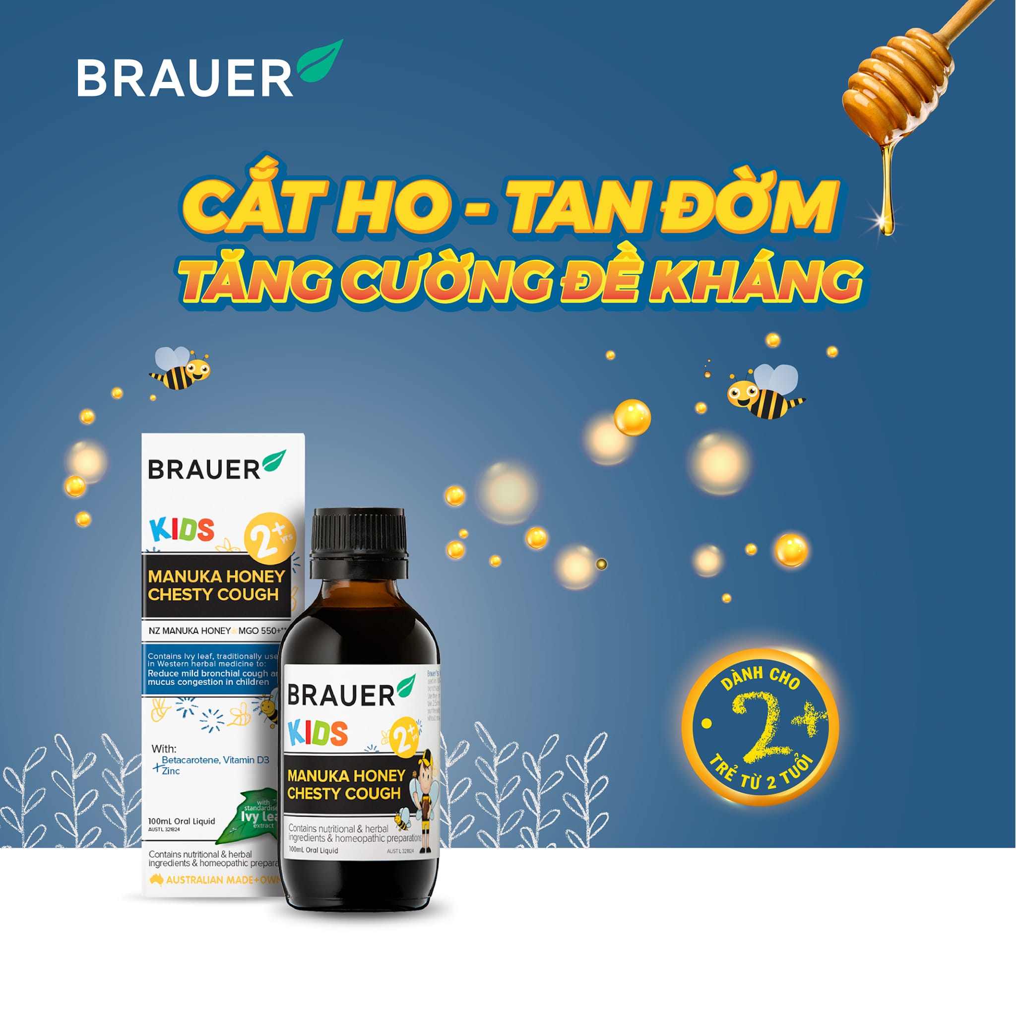 Siro hỗ trợ giảm ho cho trẻ từ 2 tuổi Brauer Manuka Honey Úc giảm ho, ngứa và rát cổ họng, làm mát và dịu cổ họng, tăng sức đề kháng - OZ Slim Store