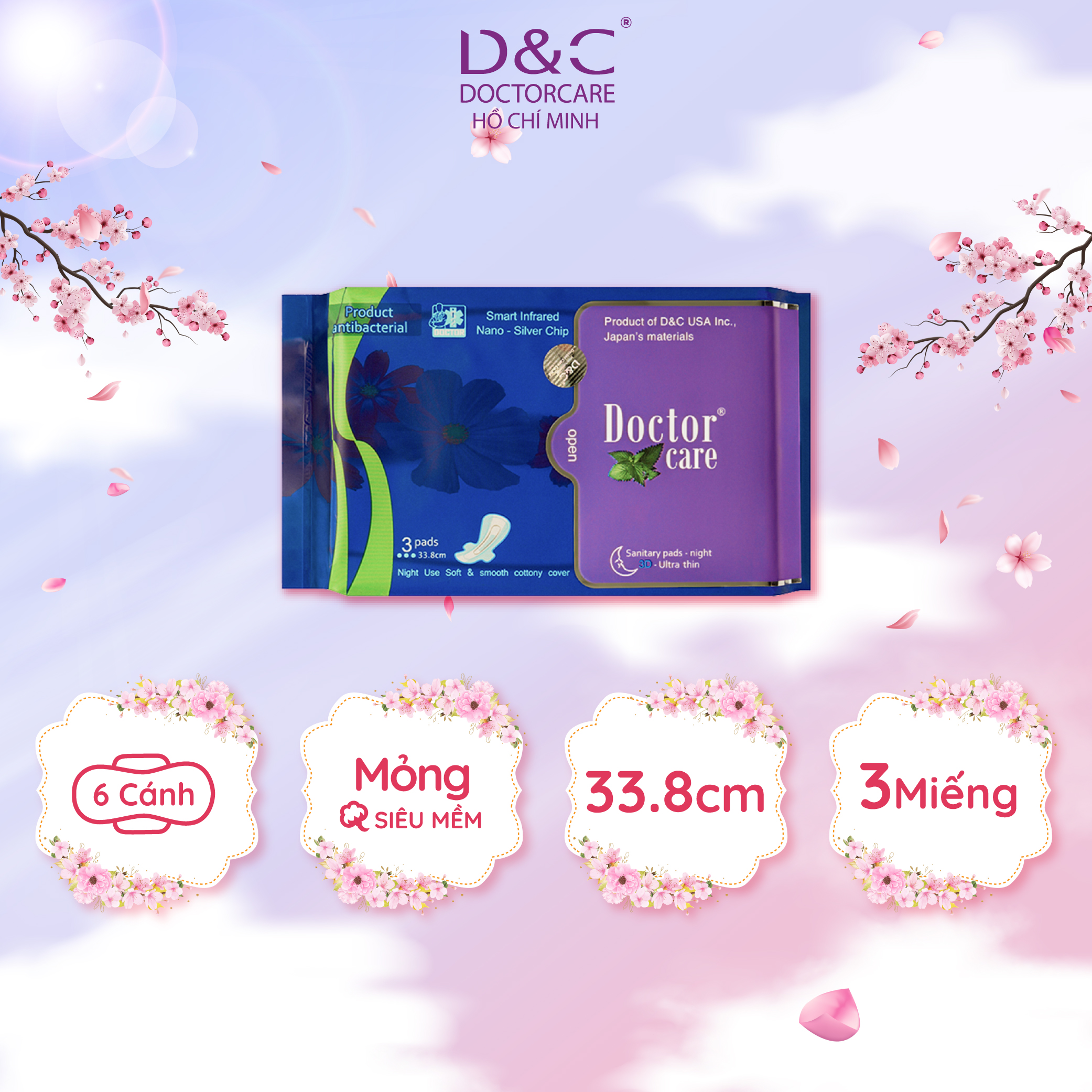 Băng vệ sinh ban đêm Doctor Care 33.8cm chiết xuất thảo dược  the mát sảng khoái cho cả đêm dài