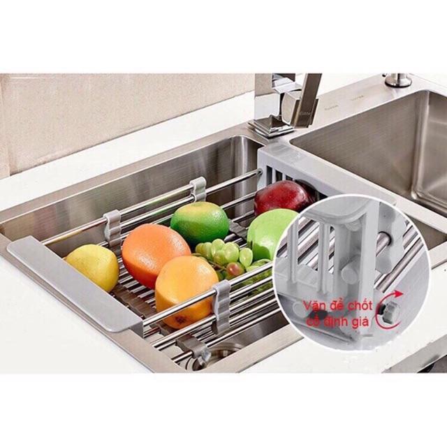 Rổ inox rút gọn - Khay inox gác bồn rửa tiện dụng-tặng kèm 03 khăn lau 2 mặt siêu thấm nhà bếp