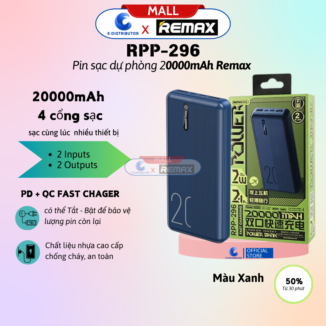 Sạc dự phòng Remax 20000mAh RPP-296 - Hàng Chính Hãng - Bảo Hành 12 Tháng