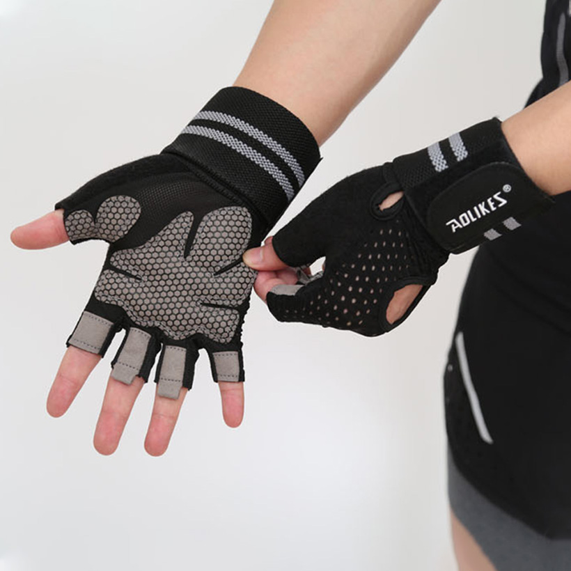 Găng Tay Nửa Ngón Tập Gym, Tập Tạ Aolikes Al113B 1 Đôi - Đen - M
