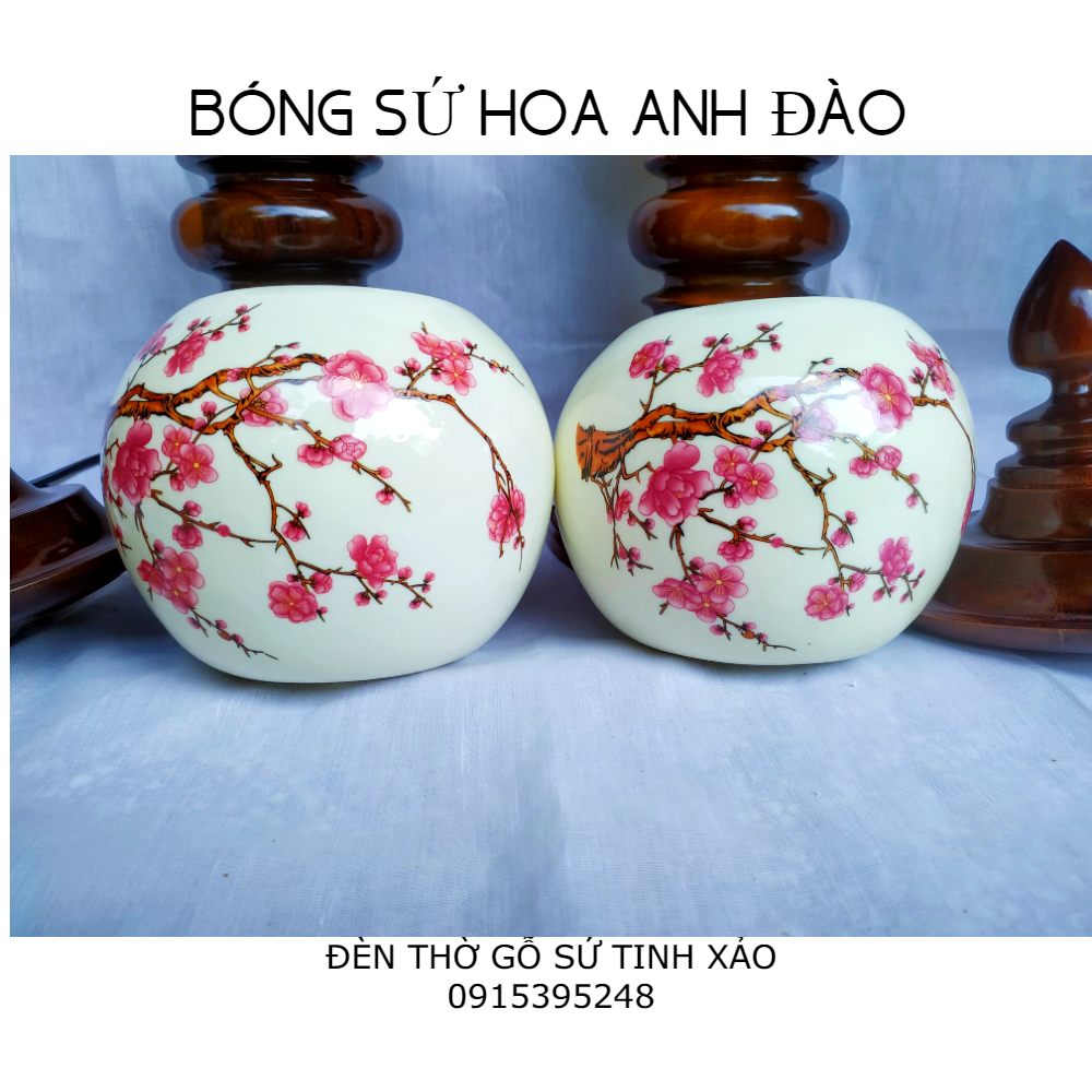 Đôi đèn thờ gỗ sứ tinh xảo HỒNG ĐÀO CHÀO XUÂN (tặng kèm bóng LED dự phòng)