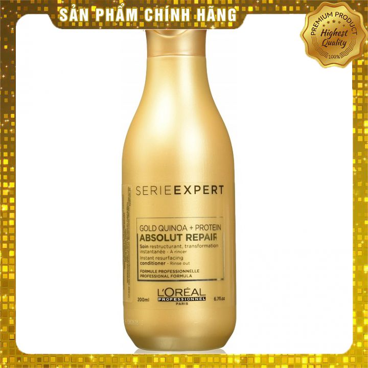 Dầu xả tóc L'oreal Gold Quinoa + Protein Absolut Repair diêm mạch vàng phục hồi tóc hư tổn 200ml