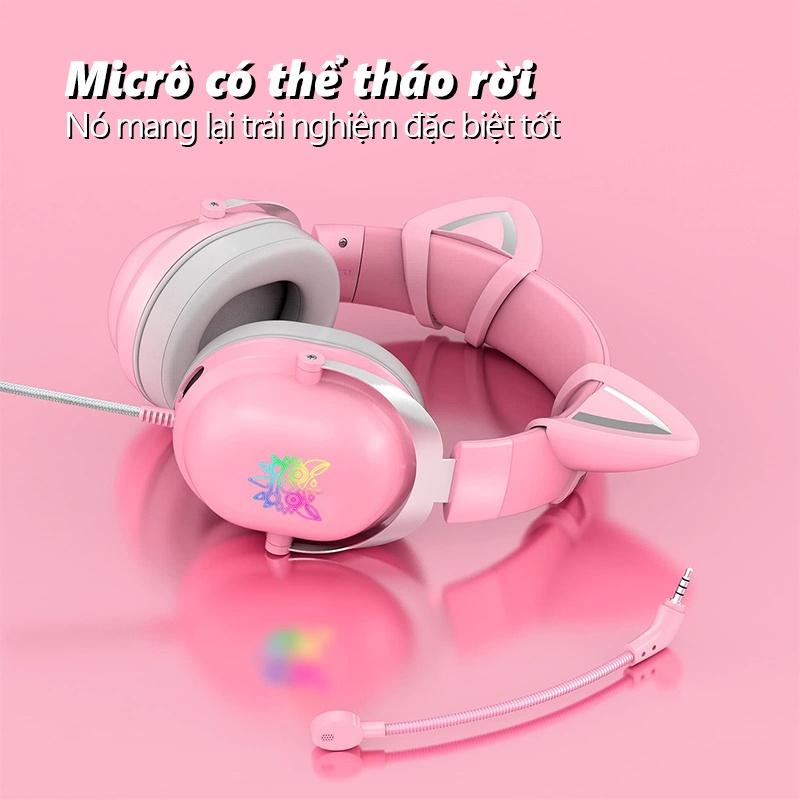ONIKUMA X11 tai nghe chơi game chụp tai màu hồng với tai mèo có thể tháo rời dành cho PS5, PS4, Xbox