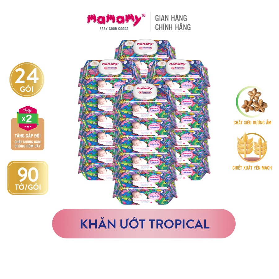 Khăn ướt Mamamy Tropical Premium tinh dầu cúc vạn thọ/ không mùi - Combo 6 gói có nắp 90 tờ