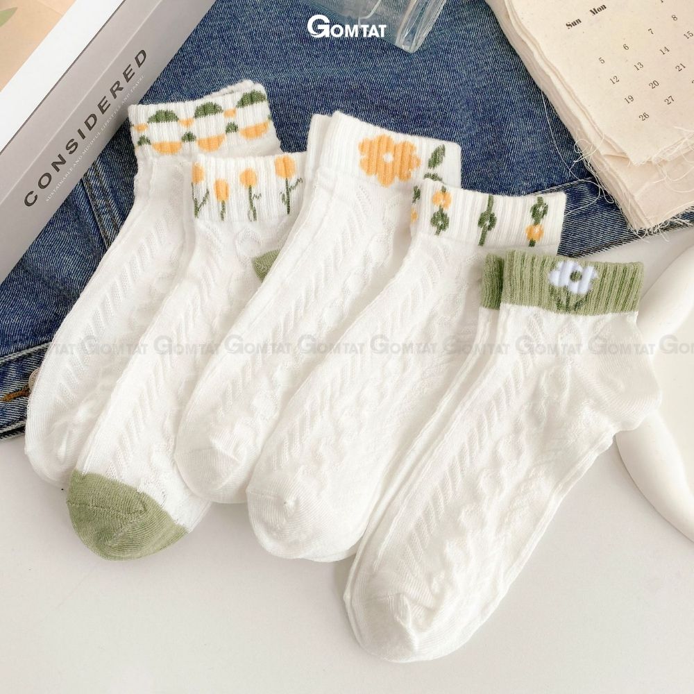 Set 5 đôi tất vớ nữ cổ ngắn GOMTAT họa tiết hoa dễ thương, chất liệu cotton mềm mịn thoáng mát, êm chân - CB093