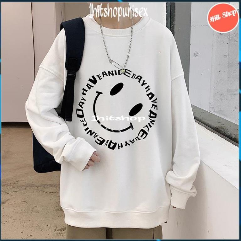 Áo Sweater nam nữ 1HITSHOP Áo nỉ cổ tròn forrm rộng overseze in hình mặt cười nghiêng nỉ cotton dày ấm 2 màu đen trắng