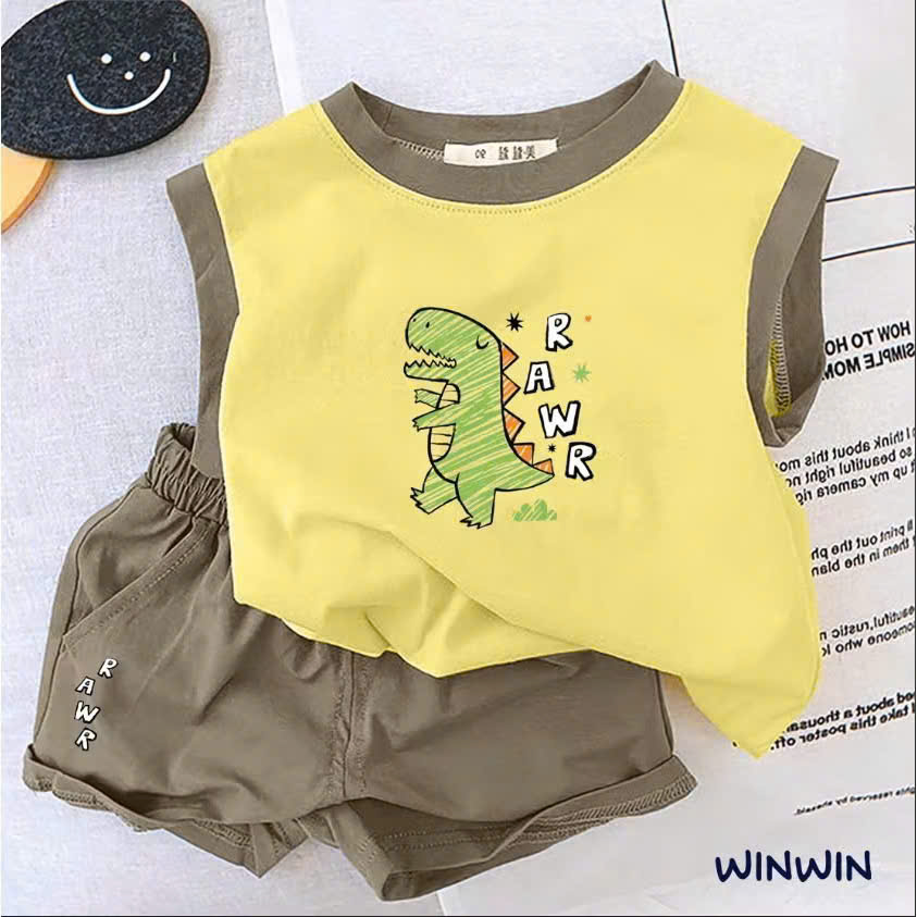 BỘ THUN SÁT NÁCH BÉ TRAI PHỐI MÀU IN KHỦNG LONG RAWR DỄ THƯƠNG TỪ 8-24KG CHO BÉ TRAI