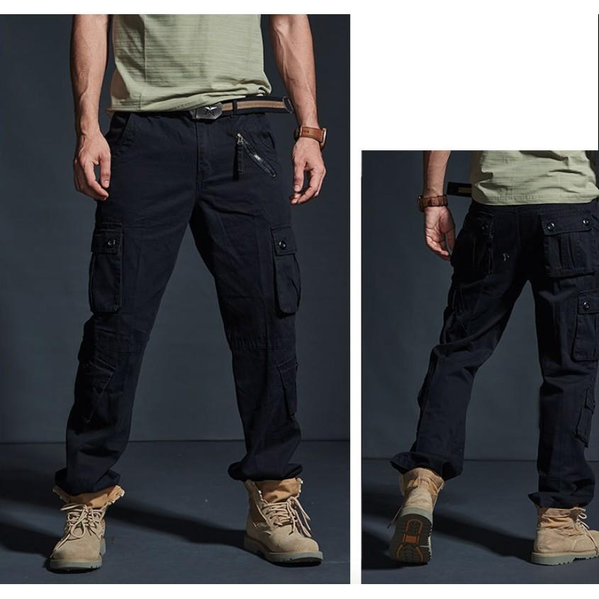 Quần dài kaki túi hộp ống rộng_dã ngoại_du lịch - xanh lính