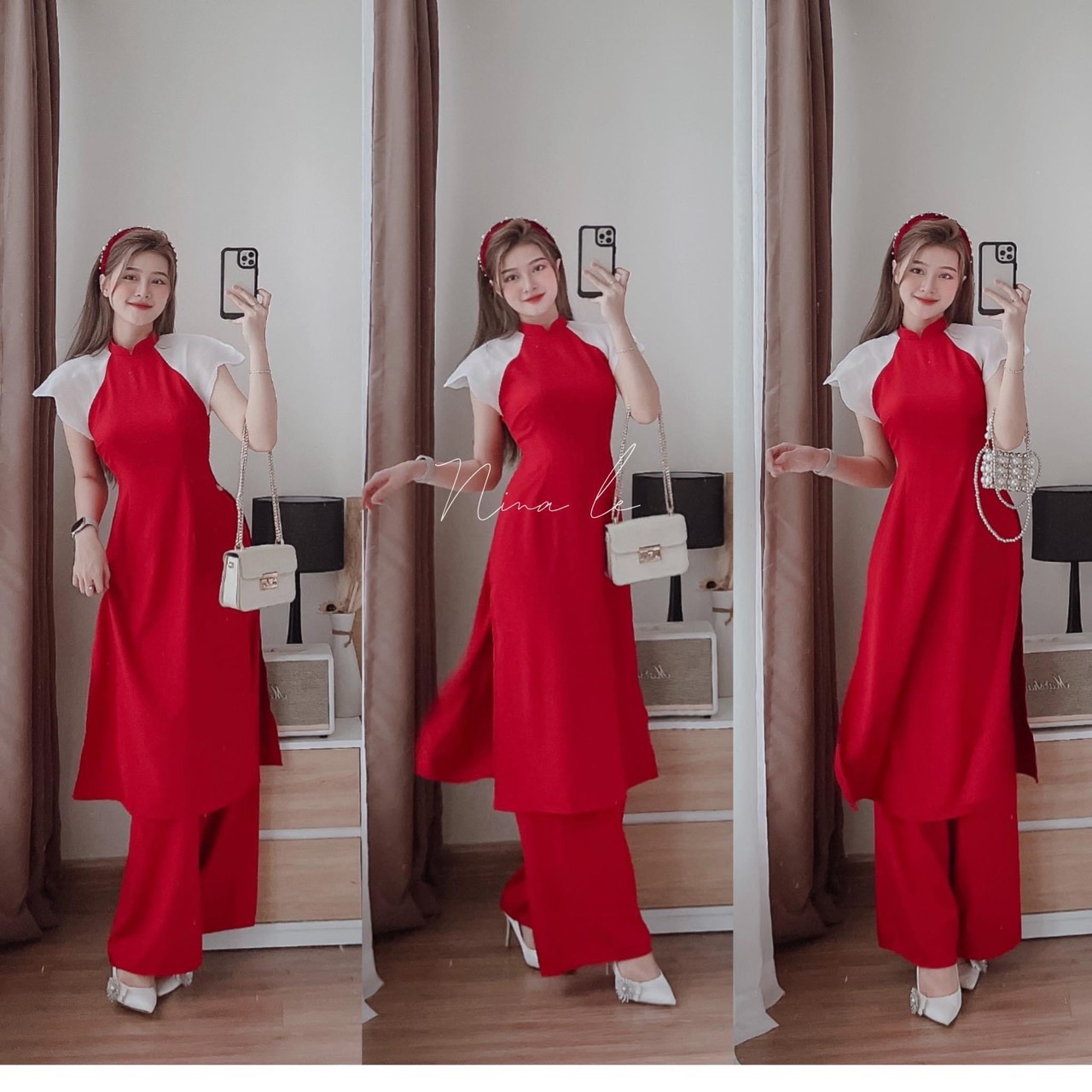 SET ÁO DÀI NỮ ĐỎ PHỐI TAY TƠ TRẮNG SETN699