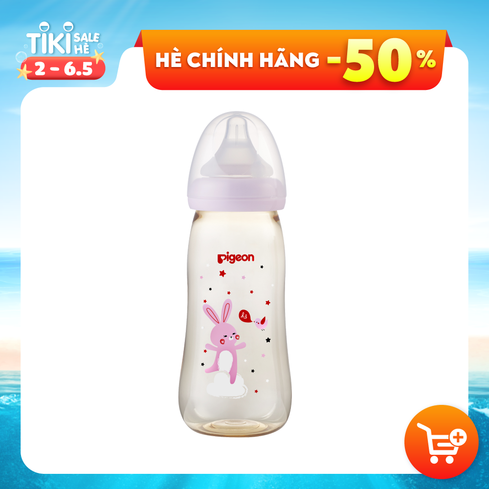 Bình sữa cổ rộng PPSU Plus Voi xanh/ Thỏ hồng Pigeon 330ml (L)