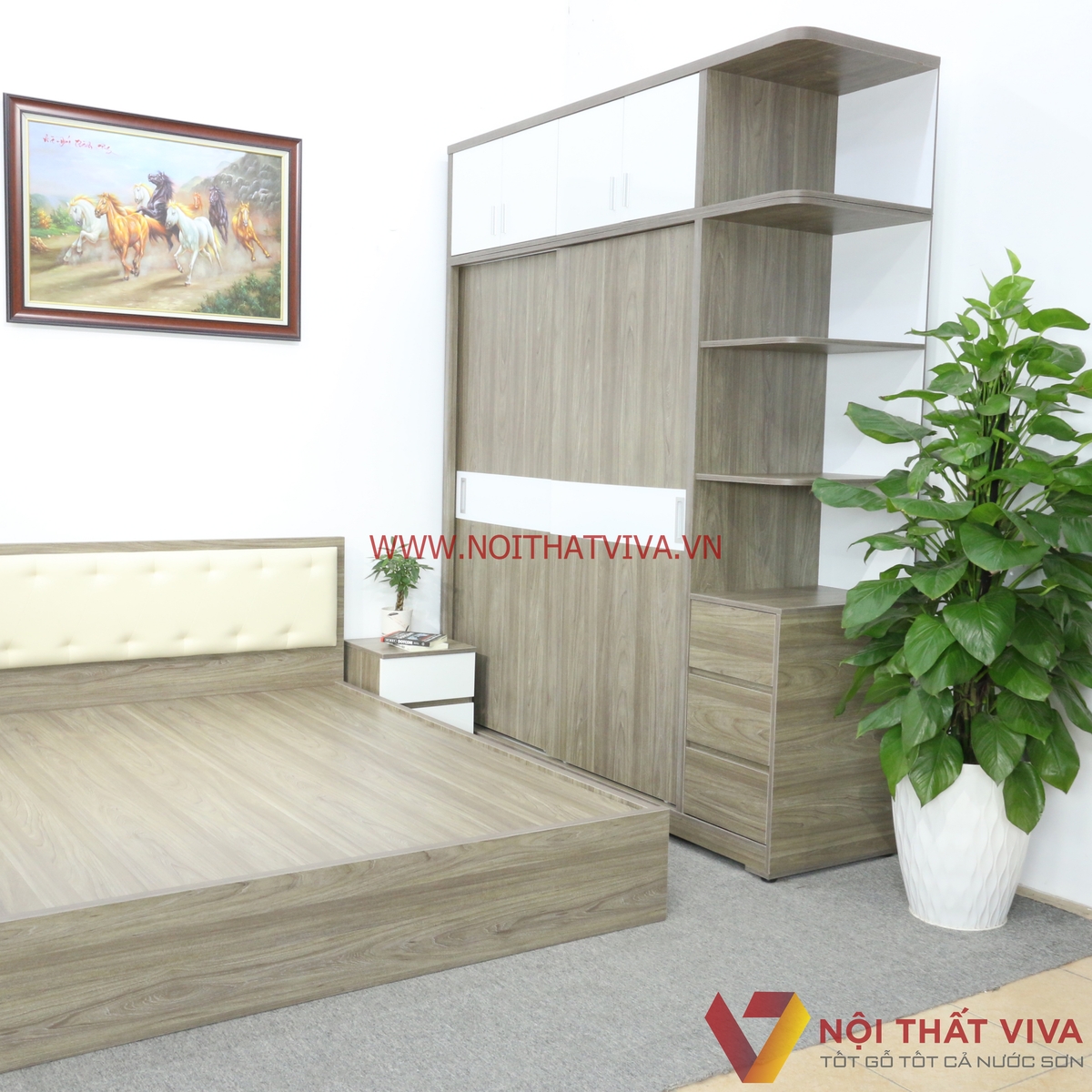 Bộ Combo Phòng Ngủ Tủ Kịch Trần Gỗ MDF Màu Xám Phối Trắng Cao Cấp Đẹp