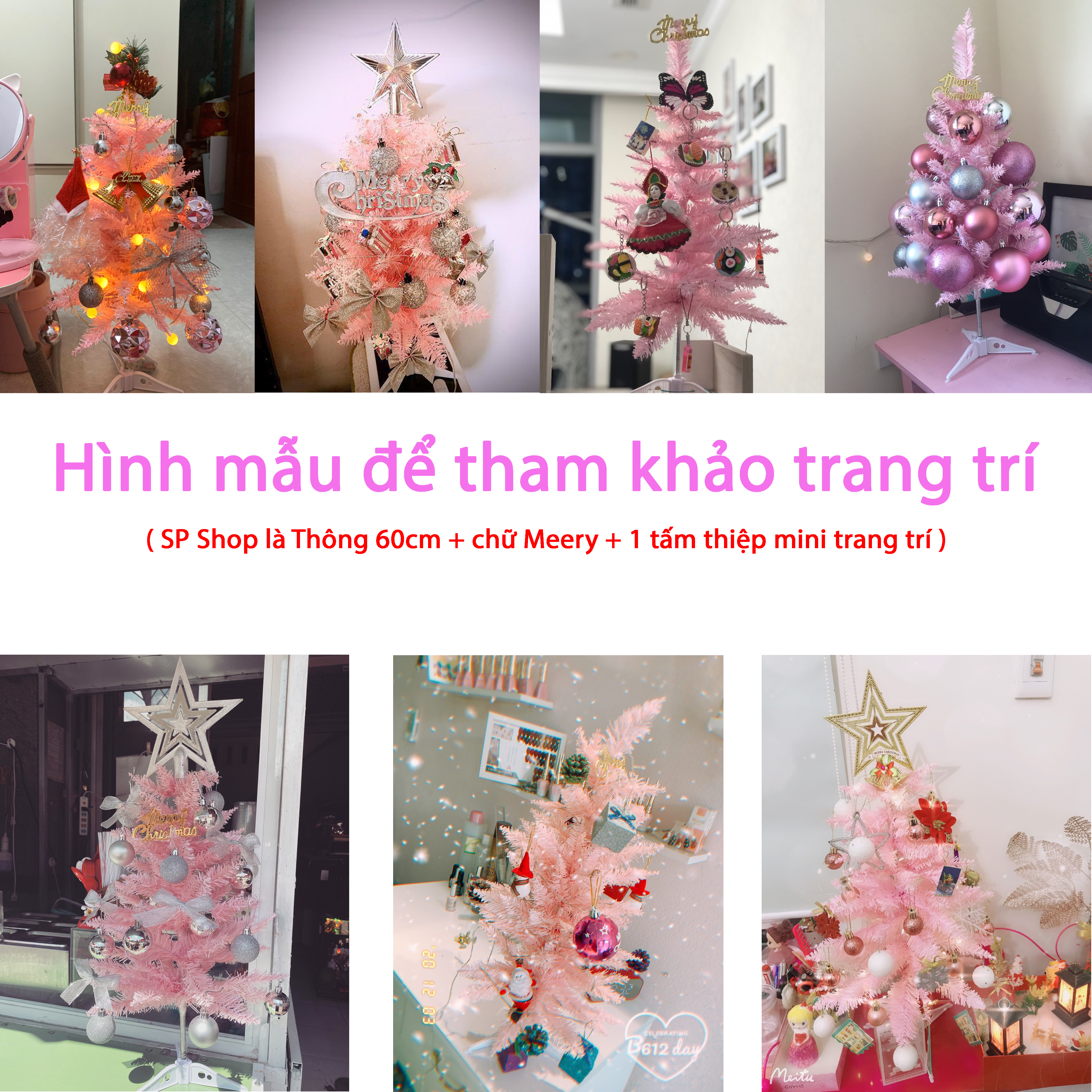 Cây thông noel màu hồng 60cm tặng kèm chữ Merry Christmas trang trí phòng sảnh cho nhà và cty văn phòngGnG