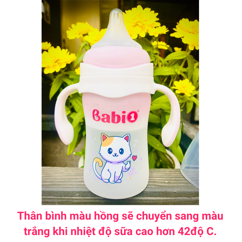 Bình Sữa Cổ Rộng Babi 1 Thuỷ Tinh Bọc Silicon Chống Vỡ Và Cảm Biến Nhiệt Độ - Dung tích 240ml - Cho trẻ từ 12 tháng tuổi