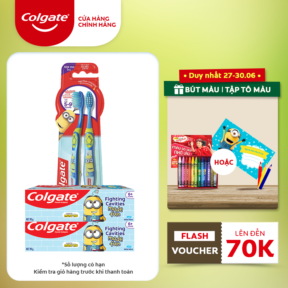 Bộ 2 kem đánh răng 90g và bàn chải Colgate cho trẻ em Minion