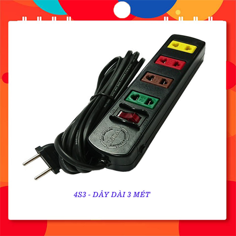 Ổ cắm điện LIOA phổ thông, 2200W, 4 ổ cắm 2 chấu, 1 công tắc, dây dài 3M - 5M, 4S3 - 4S5, màu đen
