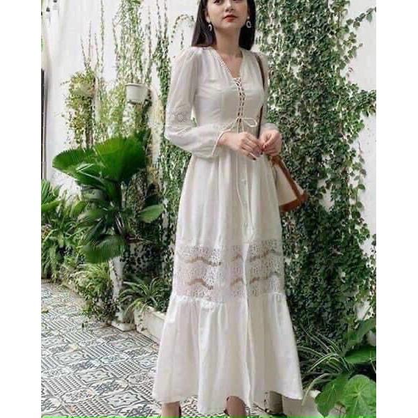 Đầm Maxi Dài Tay Ren Bo Eo - Váy Trắng Phối Ren Dự tiệc,đi biển