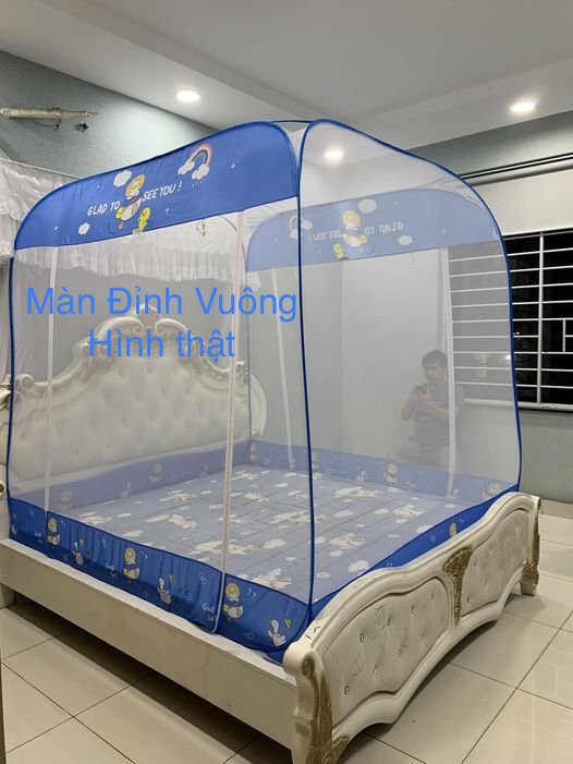 Màn Chụp Tự Bung Đỉnh Vuông Cao Cấp Mộc Miên - Màu Trắng Viền Xanh